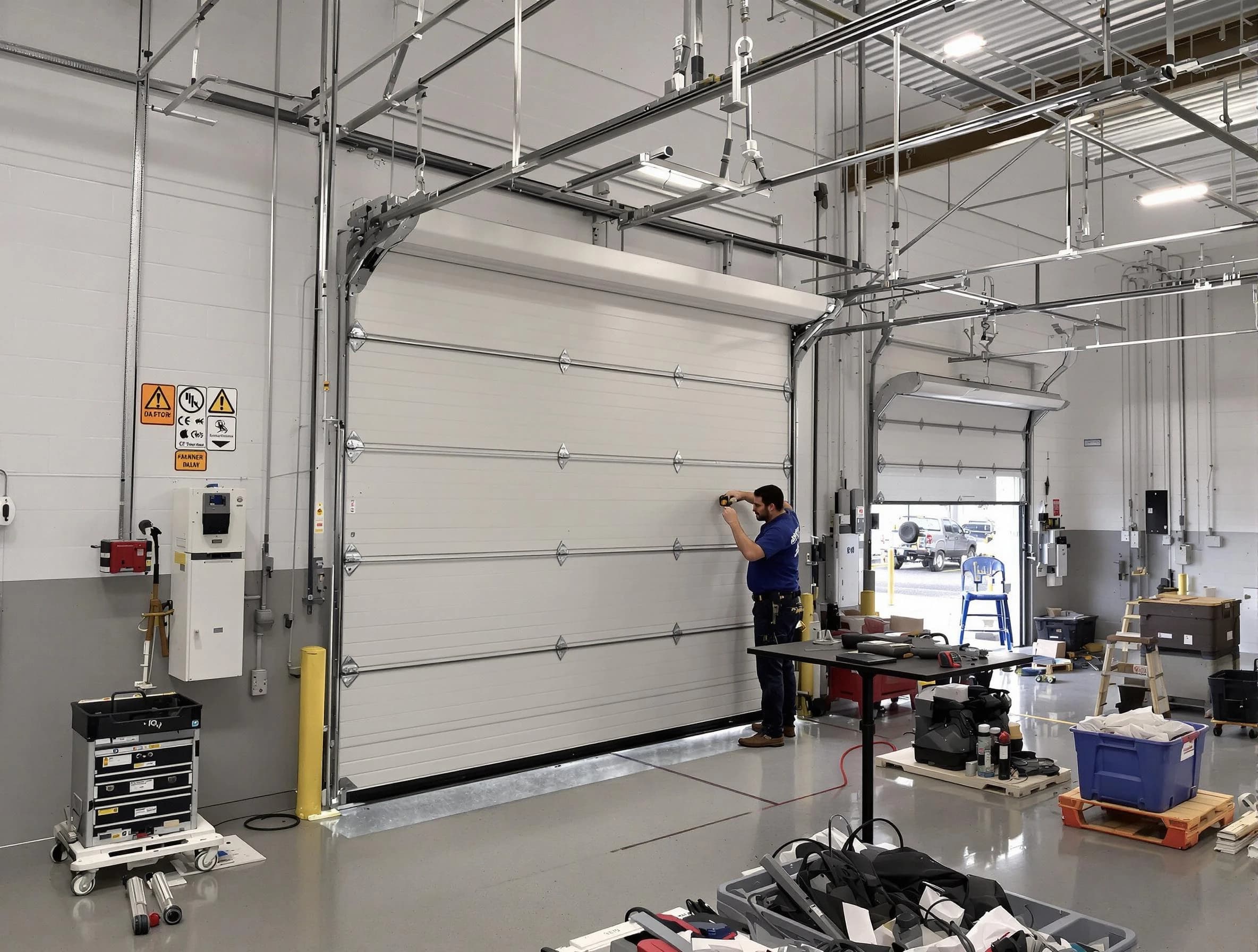 Commercial garage door repair being performed by Economy Garage Door Repair expert in Economy