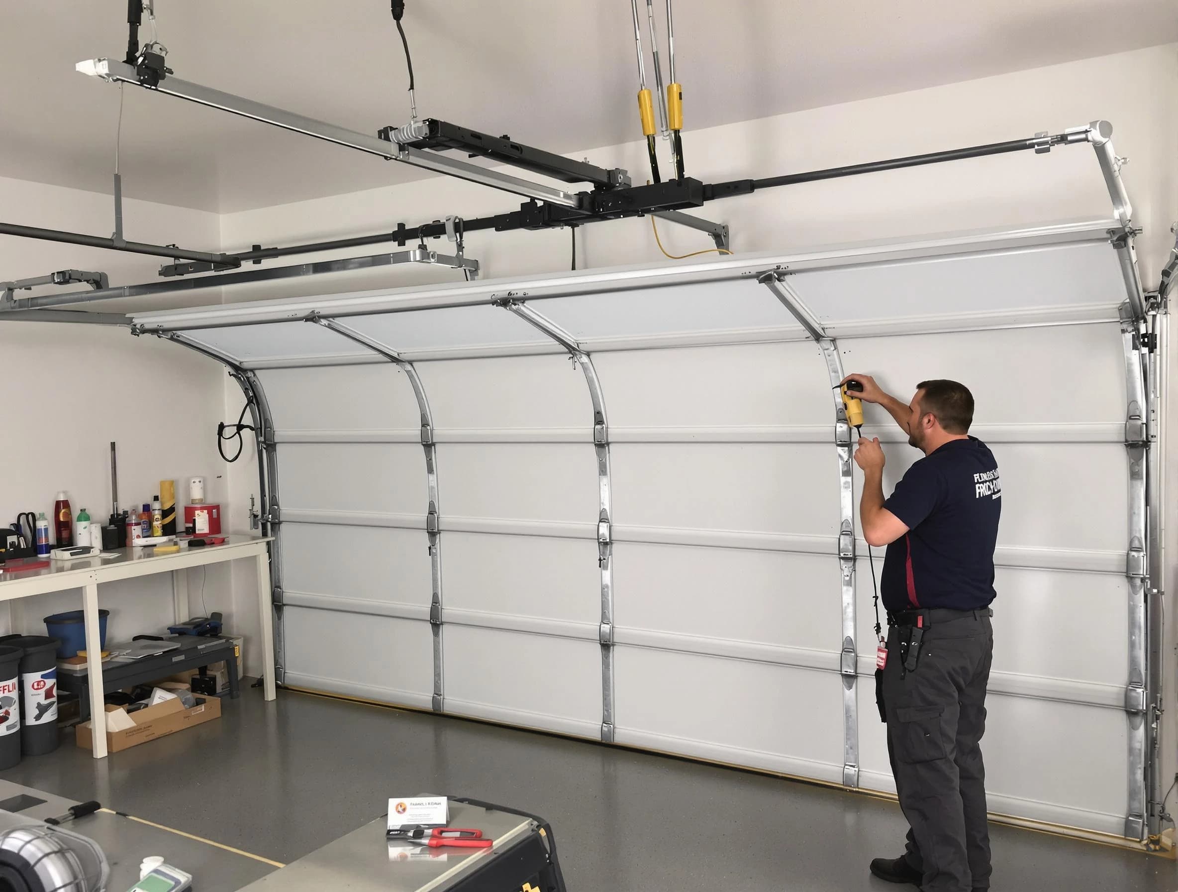 Economy Garage Door Repair certified technician performing overhead door system repair in Economy