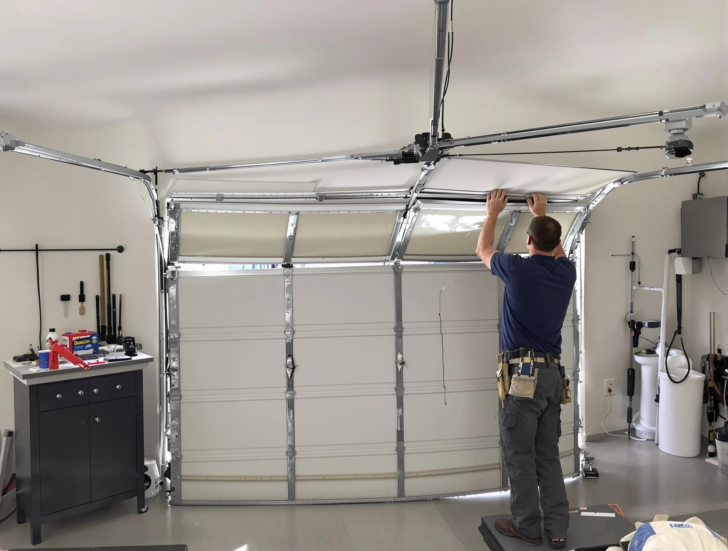 Economy Garage Door Repair specialist performing precise section replacement on Economy garage door