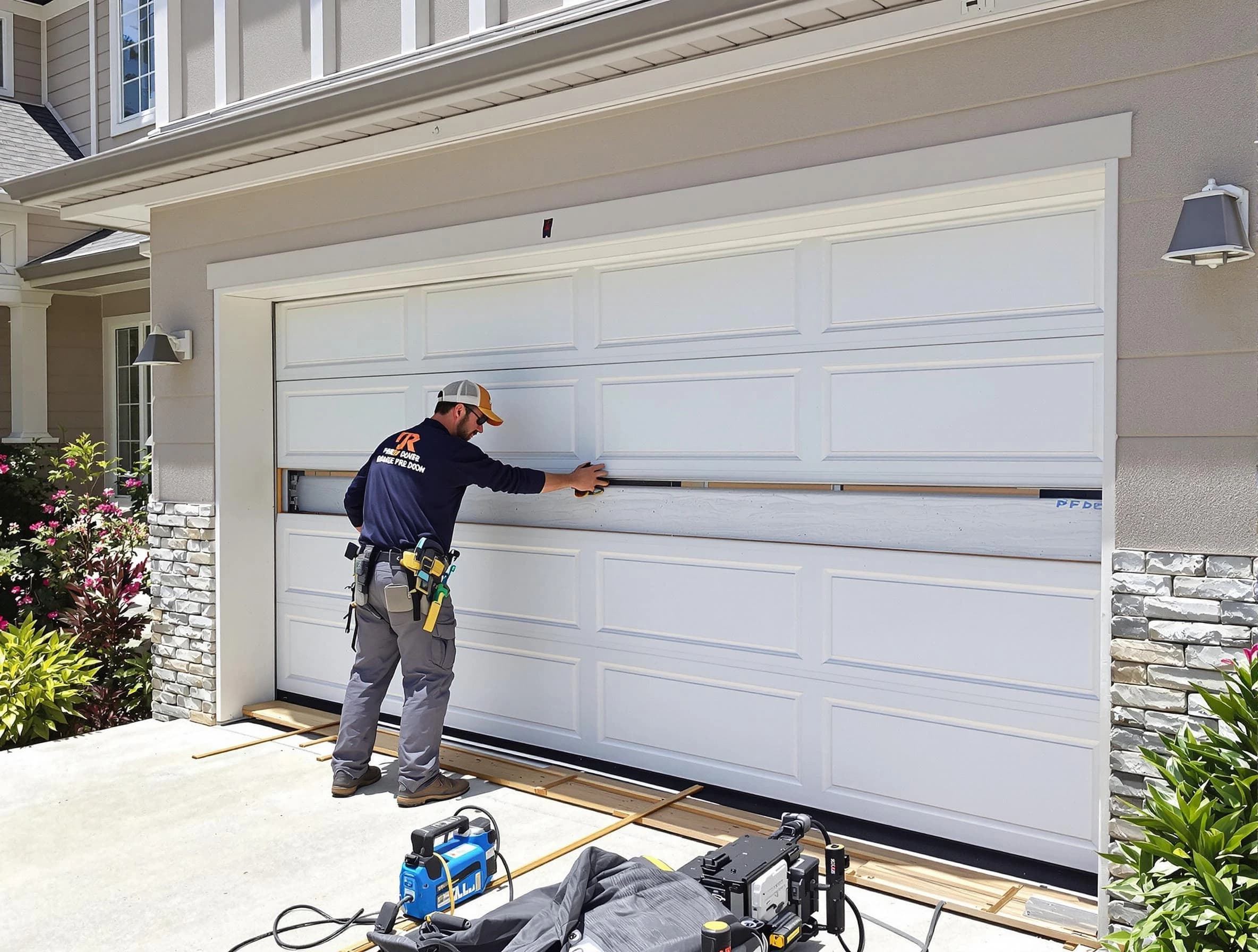 Economy Garage Door Repair team performing complete garage door replacement at Economy residence