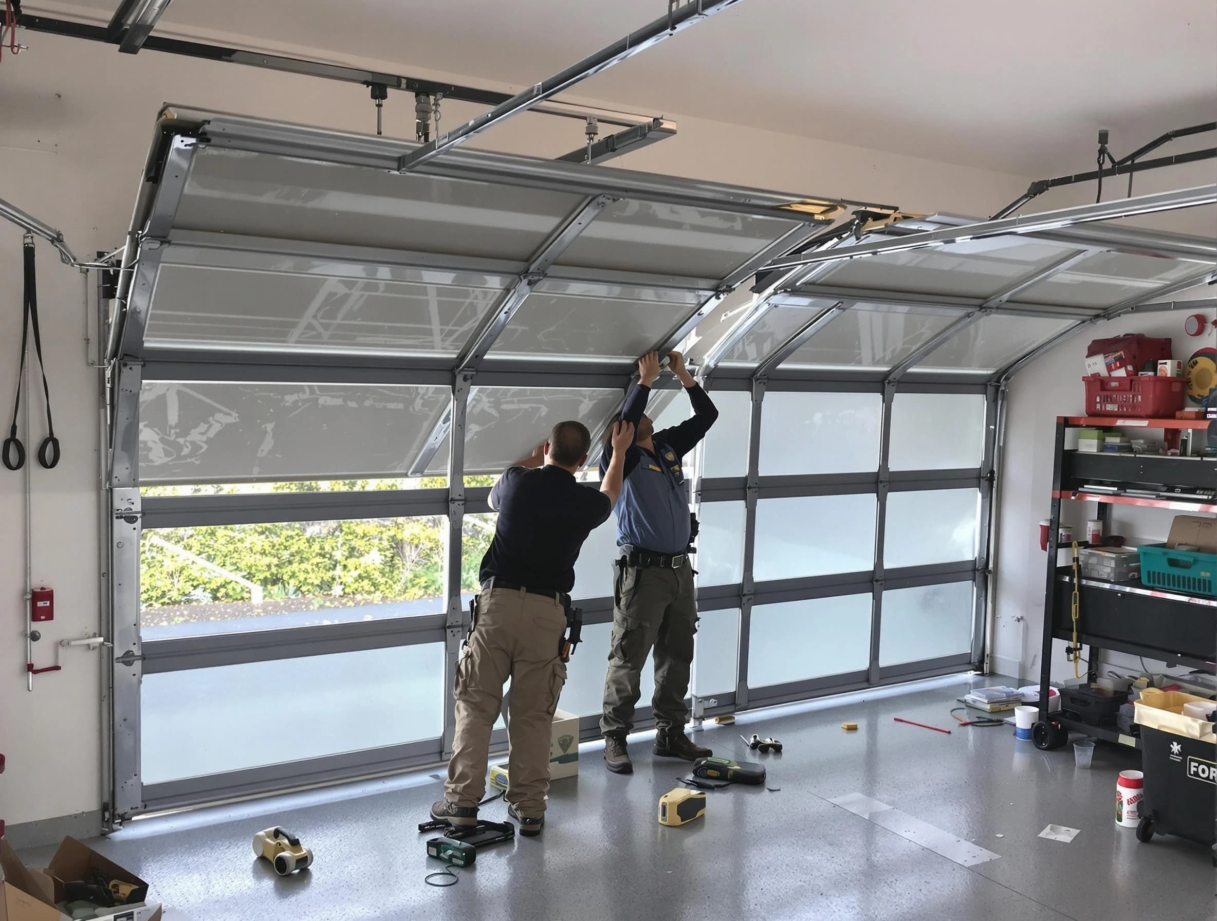 Economy Garage Door Repair expert performing precise panel replacement on Economy garage door