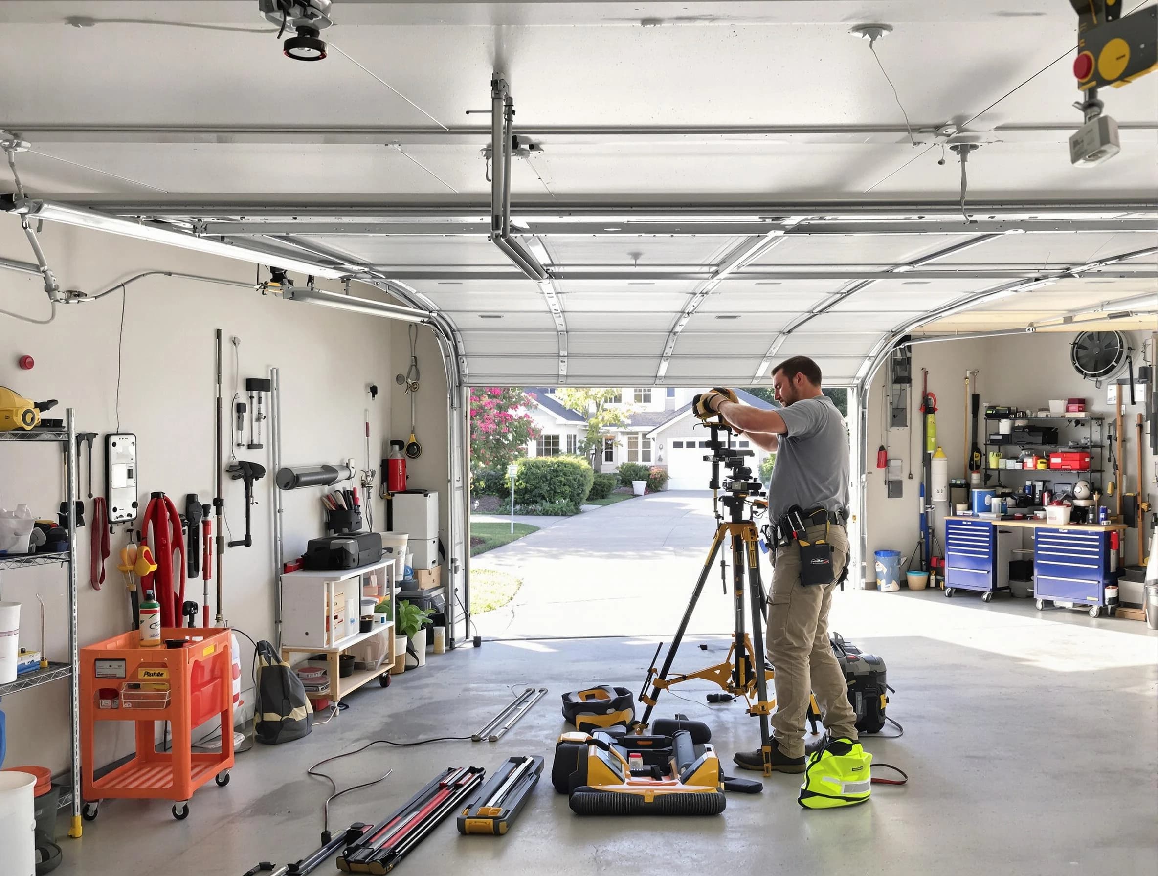 Economy Garage Door Repair specialist performing laser-guided track alignment in Economy