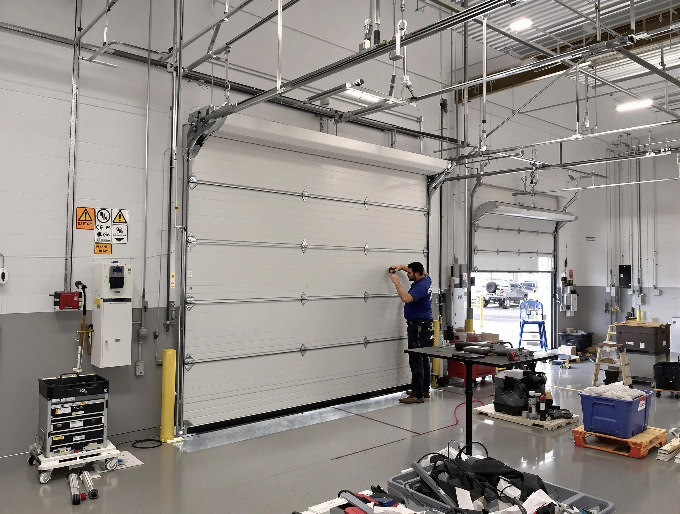 Commercial garage door repair being performed by Economy Garage Door Repair expert in Economy