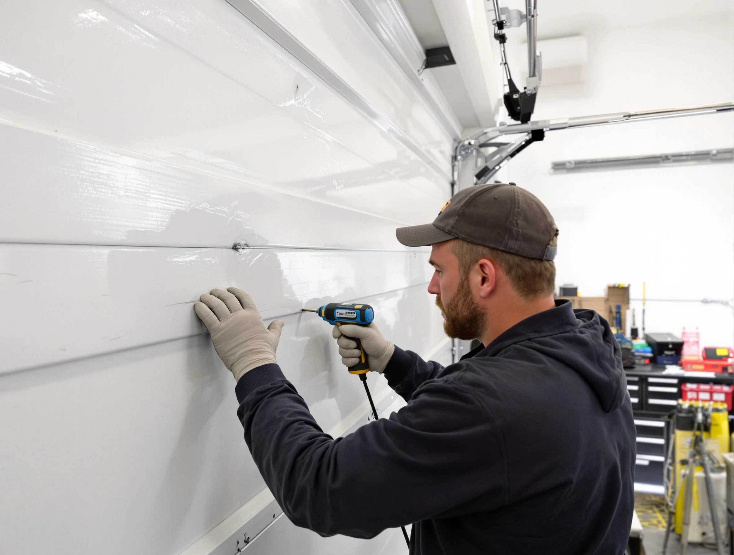 Economy Garage Door Repair technician demonstrating precision dent removal techniques on a Economy garage door