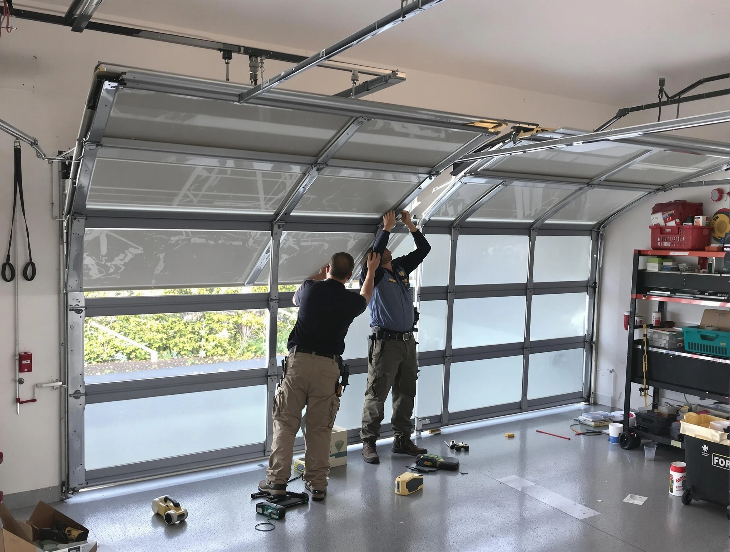 Economy Garage Door Repair expert performing precise panel replacement on Economy garage door