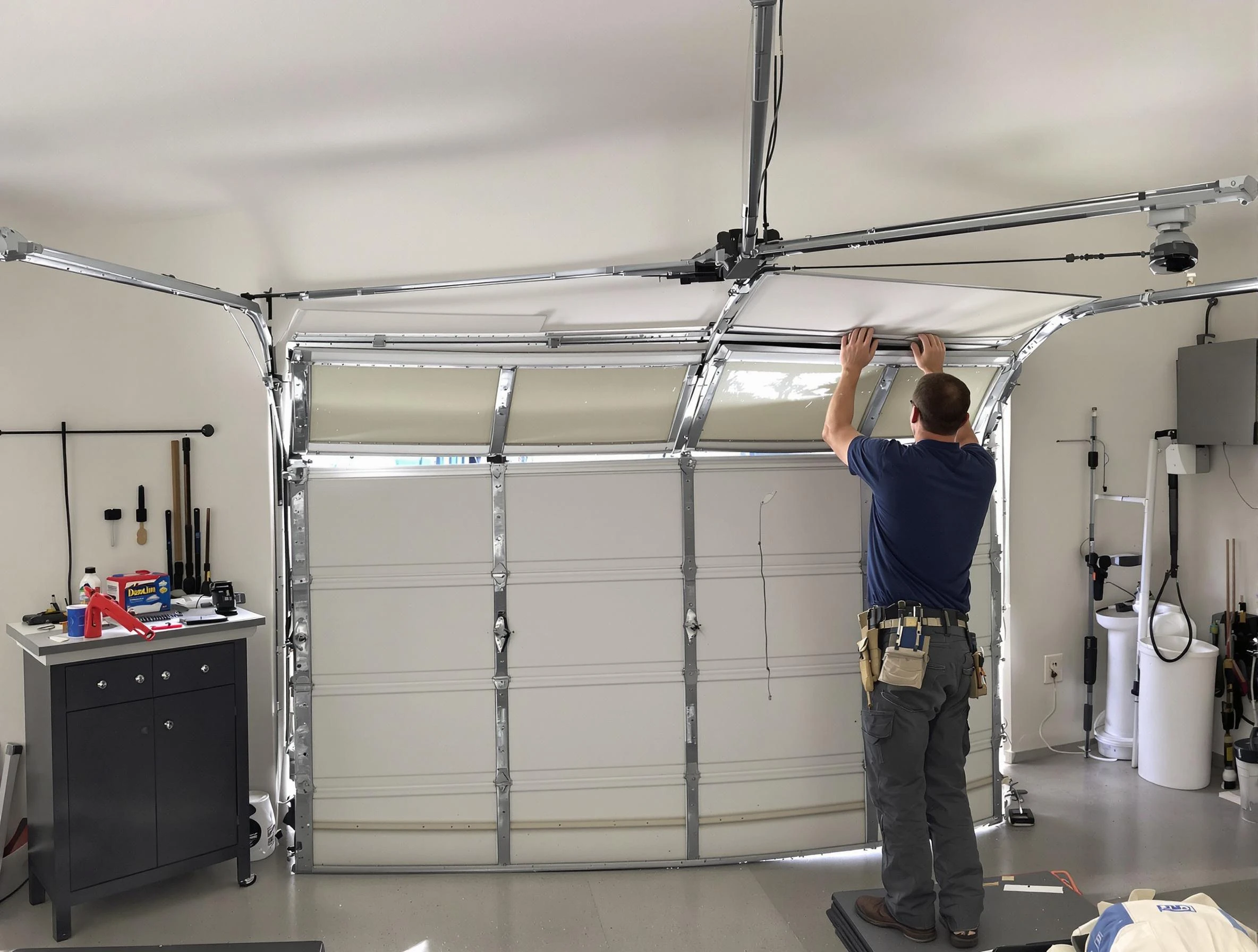 Economy Garage Door Repair specialist performing precise section replacement on Economy garage door